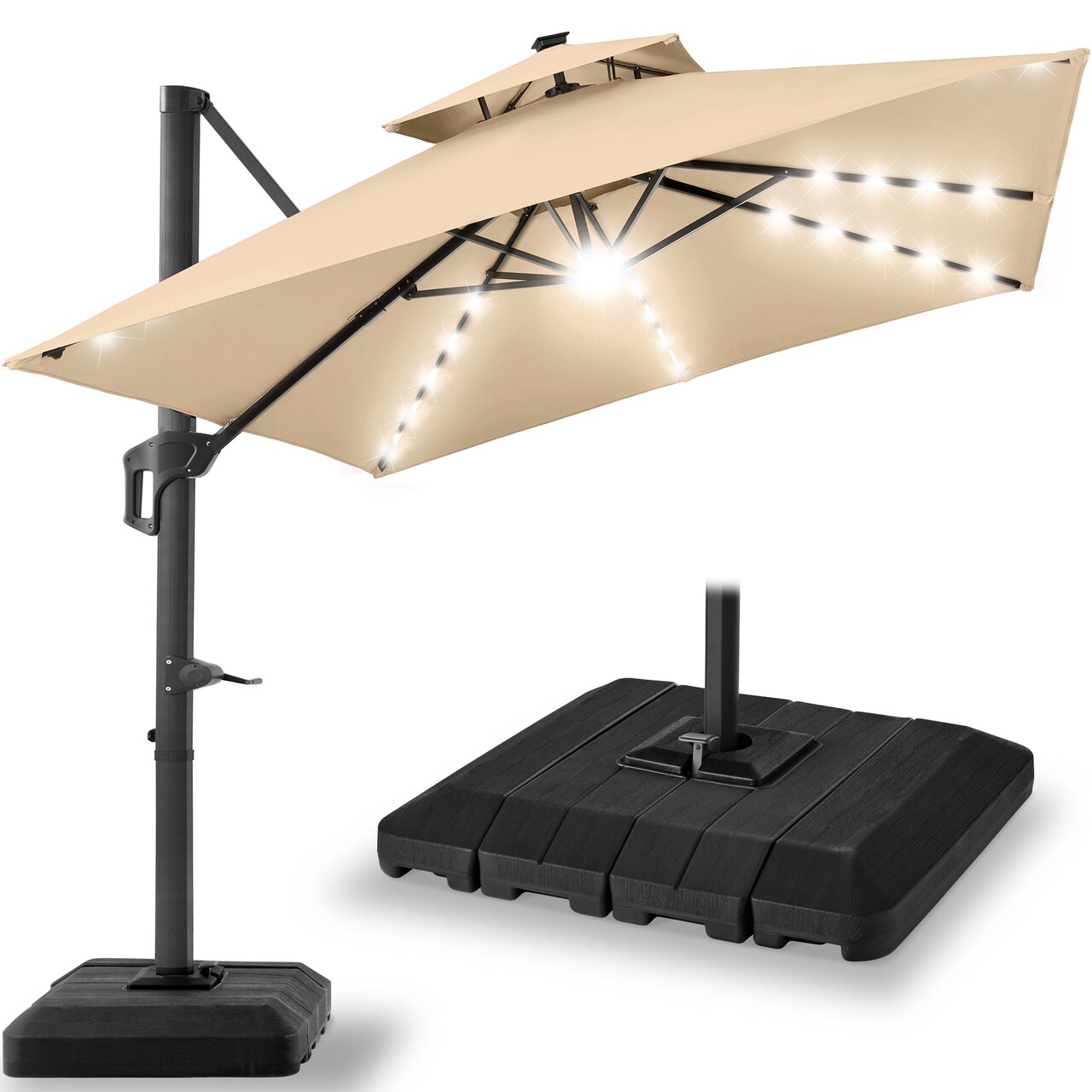Best Choice Products 10x10ft 2-Tier Square Outdoor Solar LED Cantilever Patio Umbrella w/ Base Included